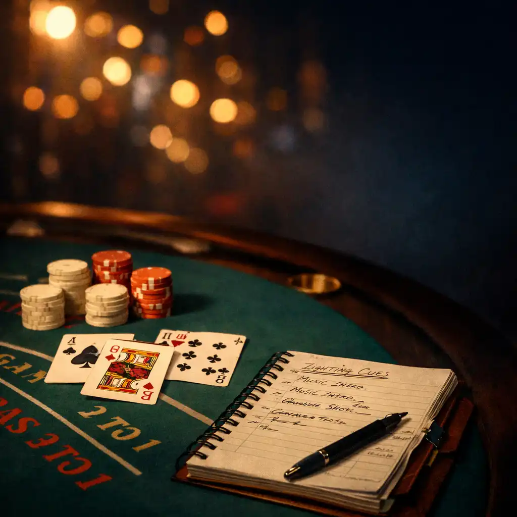 Fragment scenografii eventowej ze stołem do blackjacka, kartami i żetonami w ciepłym świetle scenicznym