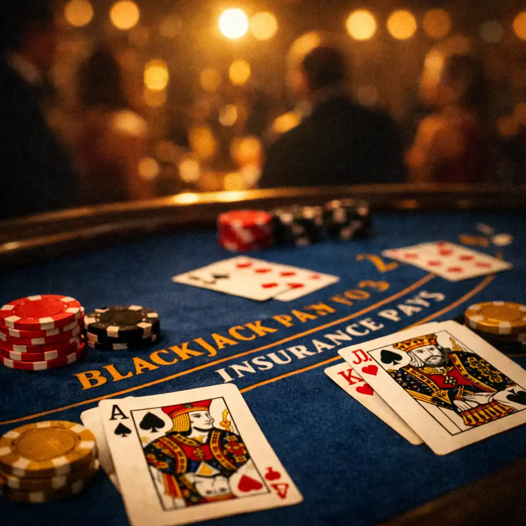 Stół do blackjacka z kartami i żetonami w ciepłym świetle reflektorów, w tle rozmyte sylwetki gości