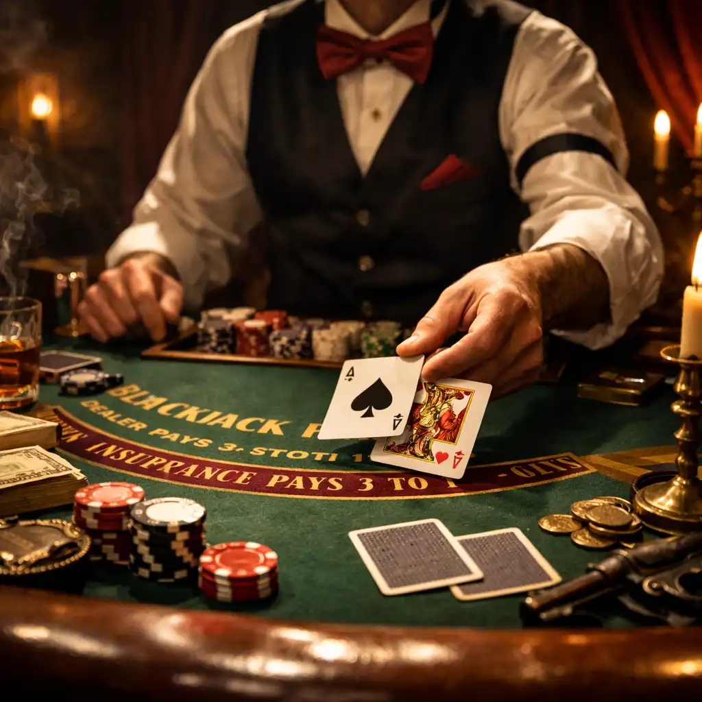 Stół do blackjacka w klimacie tematycznym z krupierem w kostiumie
