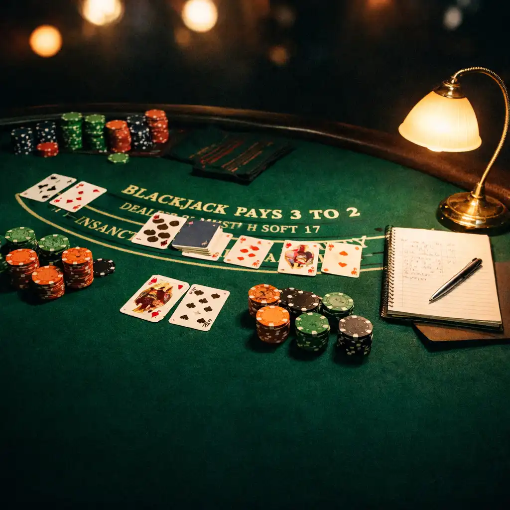 Stół do blackjacka z rozłożonymi kartami i żetonami w kontrastowym świetle