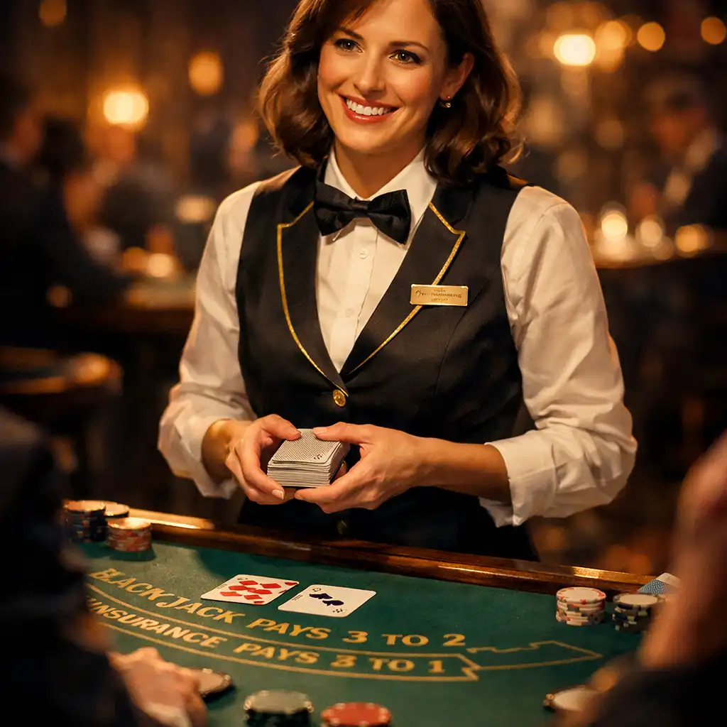 Profesjonalny krupier przy stole do blackjacka w eleganckim uniformie