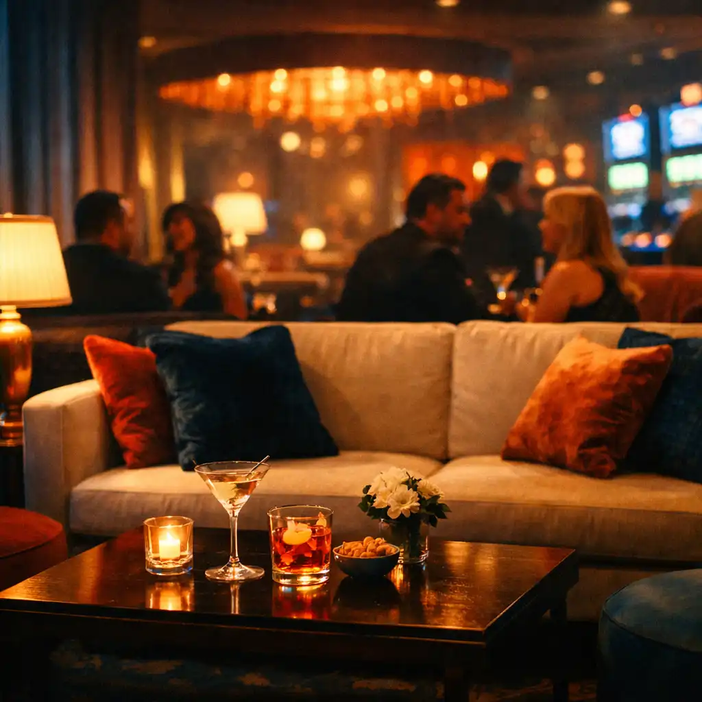 Strefa lounge z sofami i niskimi stolikami w ciepłym oświetleniu
