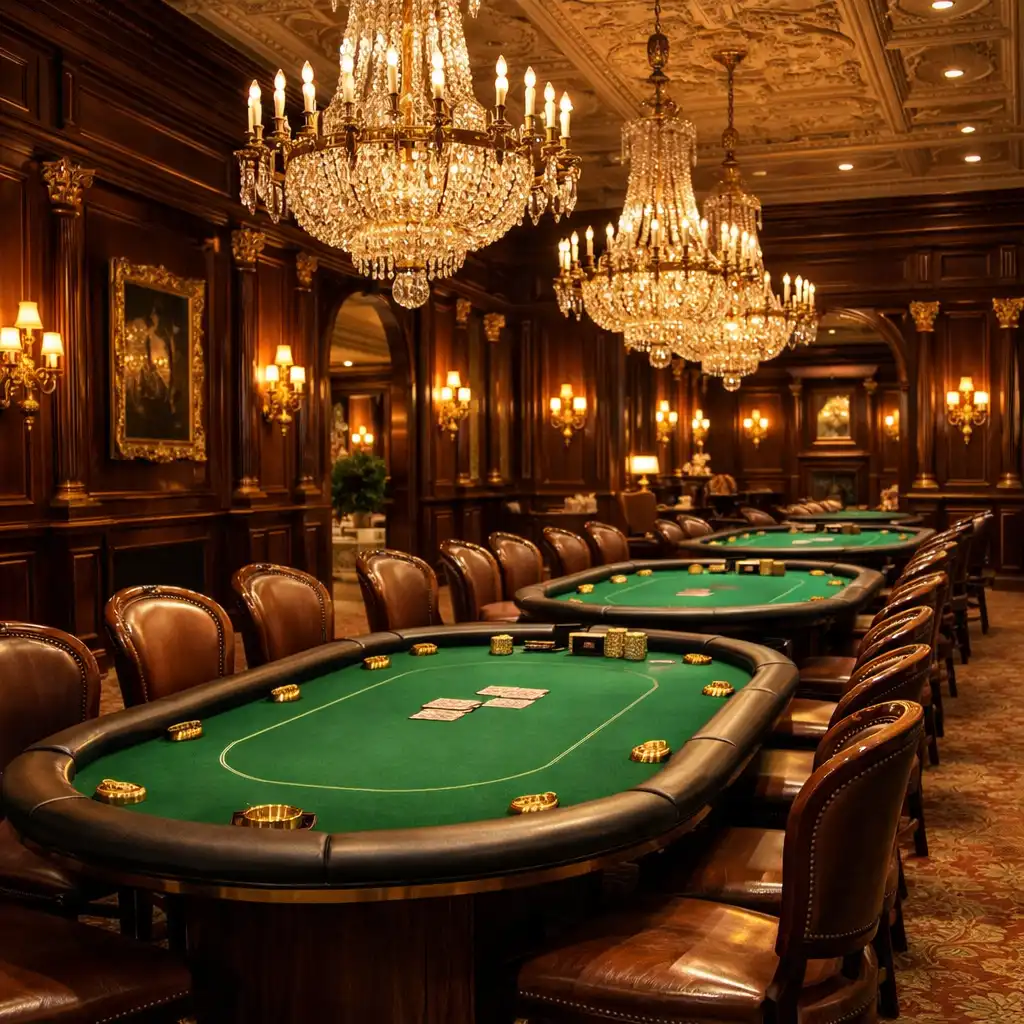 Elegancka aranżacja pokerowa w stylu Monte Carlo z ciemnym drewnem, złotymi akcentami i nastrojowym oświetleniem