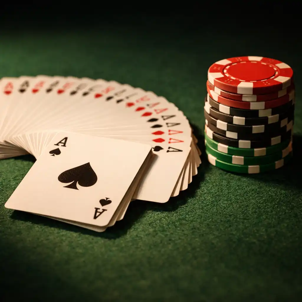 Zbliżenie na profesjonalny stół pokerowy z zielonym suknem, rozłożonymi kartami i stosem żetonów