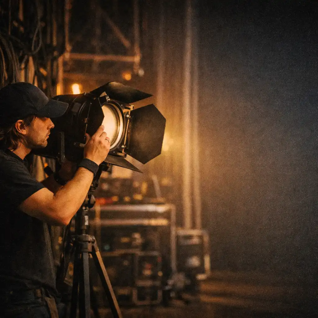 Członek zespołu sprawdza oświetlenie reflektora na backstage'u, w tle kable i statywy